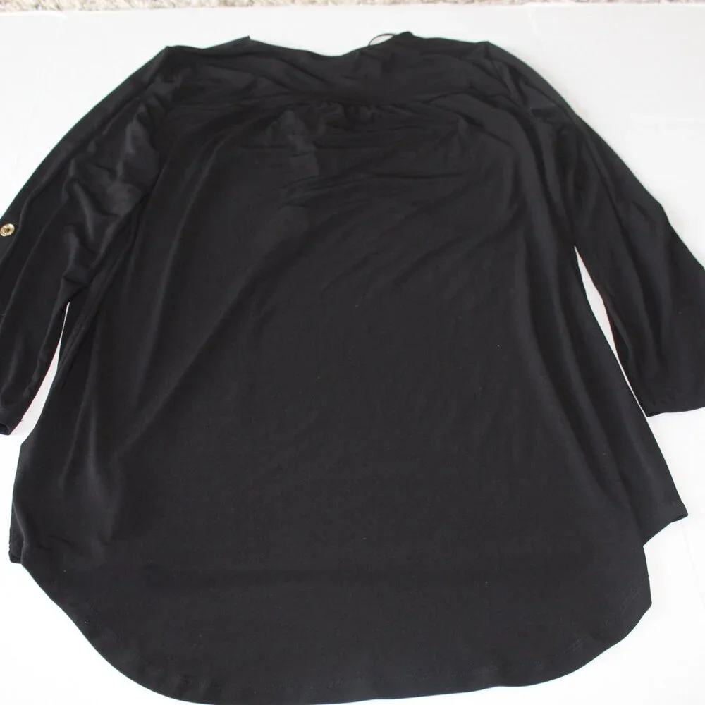 Womens Michael Kors Black Front V-Neck 3/4 Roll Tab Sleeve Blouse Top Size Large